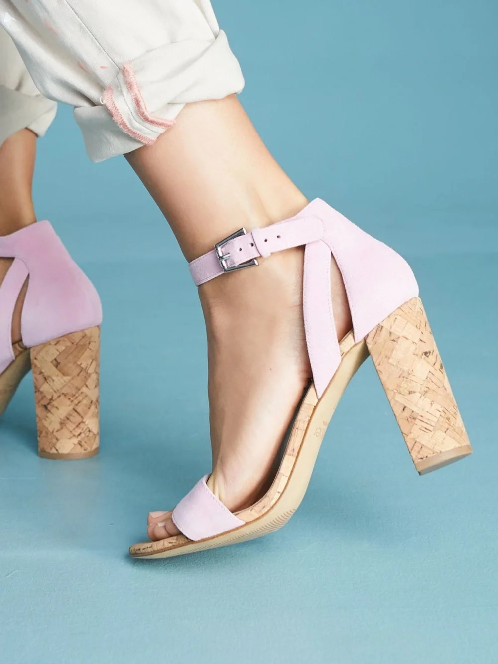 Anthropologie Botkier Gianna Ankle-Strap Suede Cork Heel Sandals Lilac Size 7.5